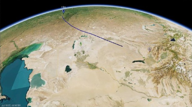 A blue route across the 3D globe in JJ Route Animator