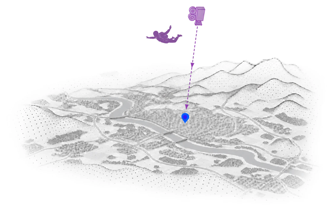 A purple camera and skydiver descend toward a blue city marker above a soft gray map of rivers, roads and hills
