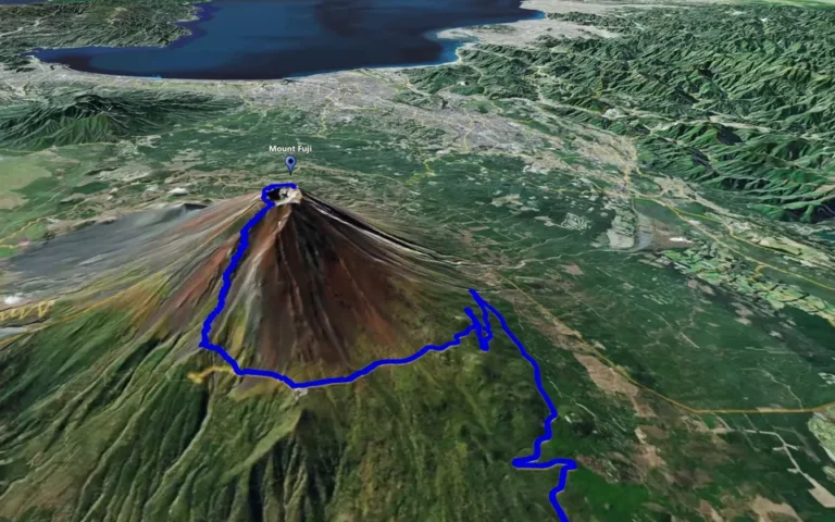 Mount Fuji and an animated route viewed from an orbiting map camera