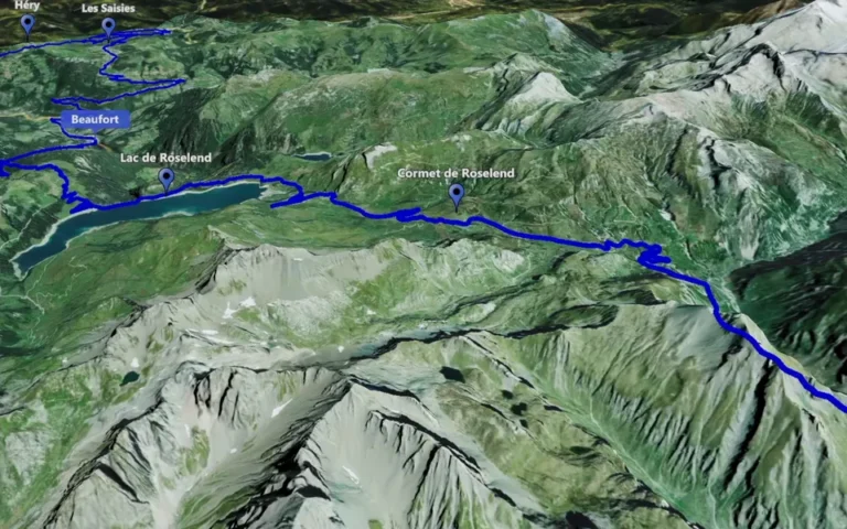 An animated route and place markers across the French Alps